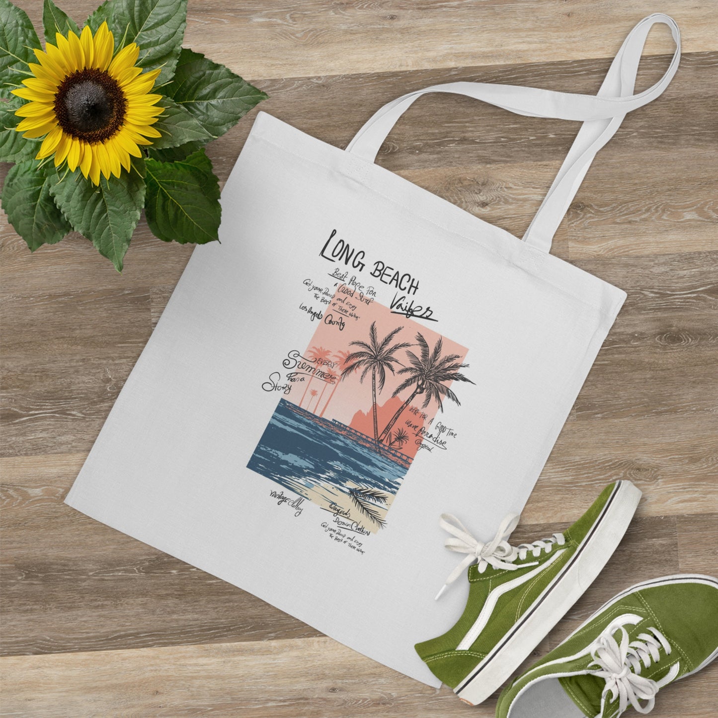 Long Handle Cotton Tote Bag Summer Surf Beach Palm Theme