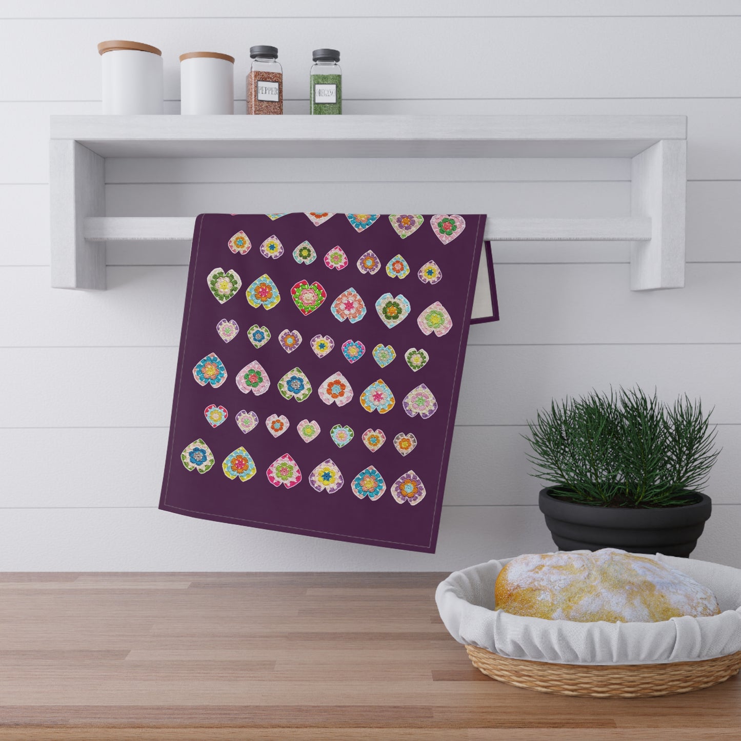 Crochet Love Heart Pattern Print Kitchen Towel Maroon
