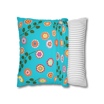 Corchet Floral Pattern Print Faux Suede Cushion Cover--Aqua Blue