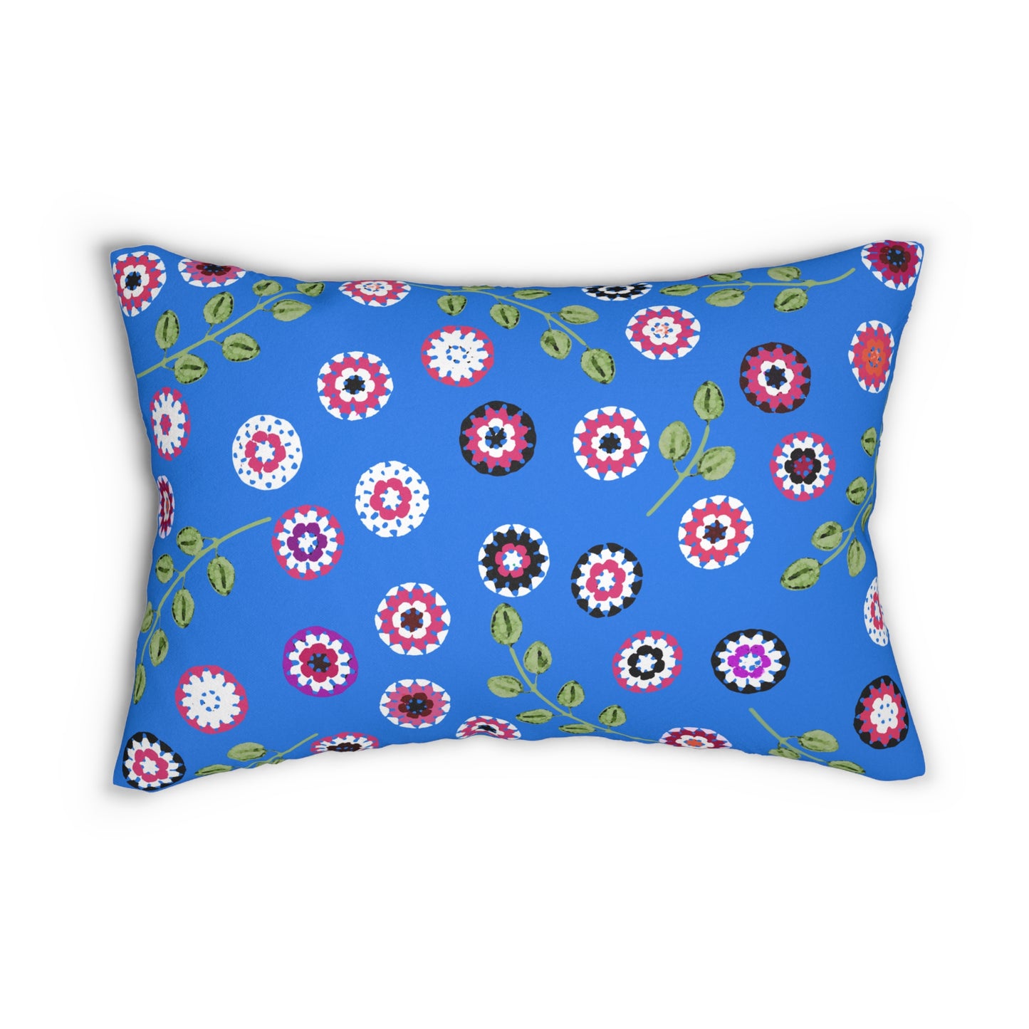 Blue Floral Lumbar Pillow — Crochet Floral Pattern Print