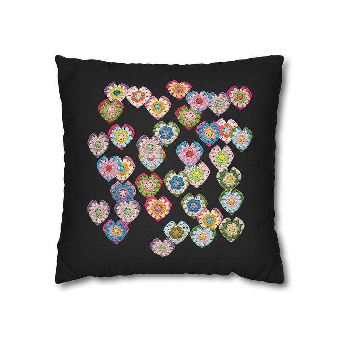 Crochet Love Heart Print Spun Polyester Square Cushion Cover Black