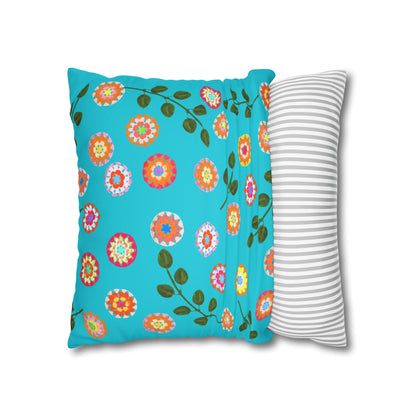 Corchet Floral Pattern Print Faux Suede Cushion Cover--Aqua Blue