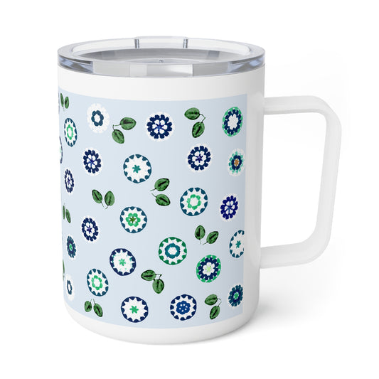 Stainless Steel Insulated Mug — Blue Crochet Floral Pattern 10oz Travel Coffee Tumbler