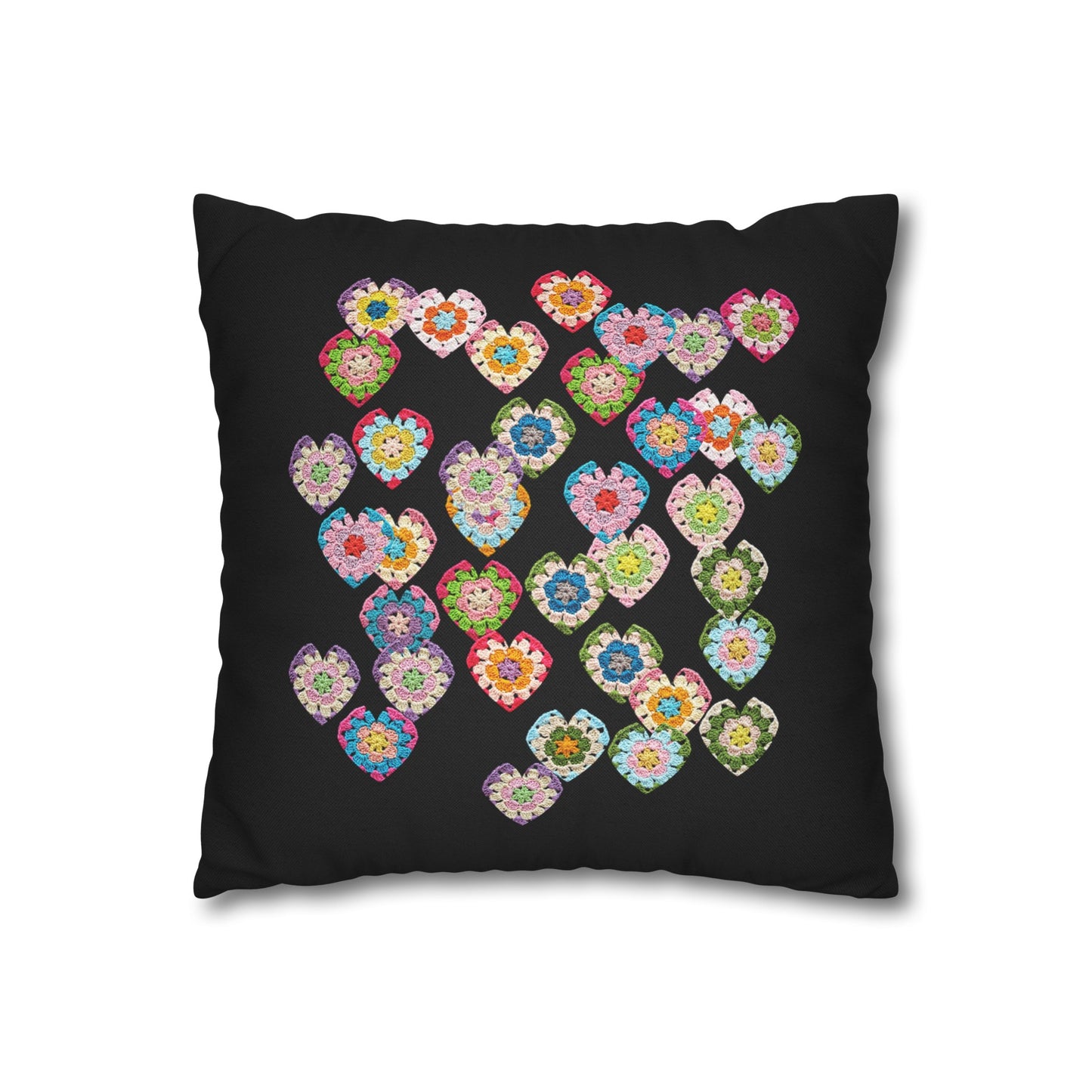 Crochet Love Heart Print Spun Polyester Square Cushion Cover Black