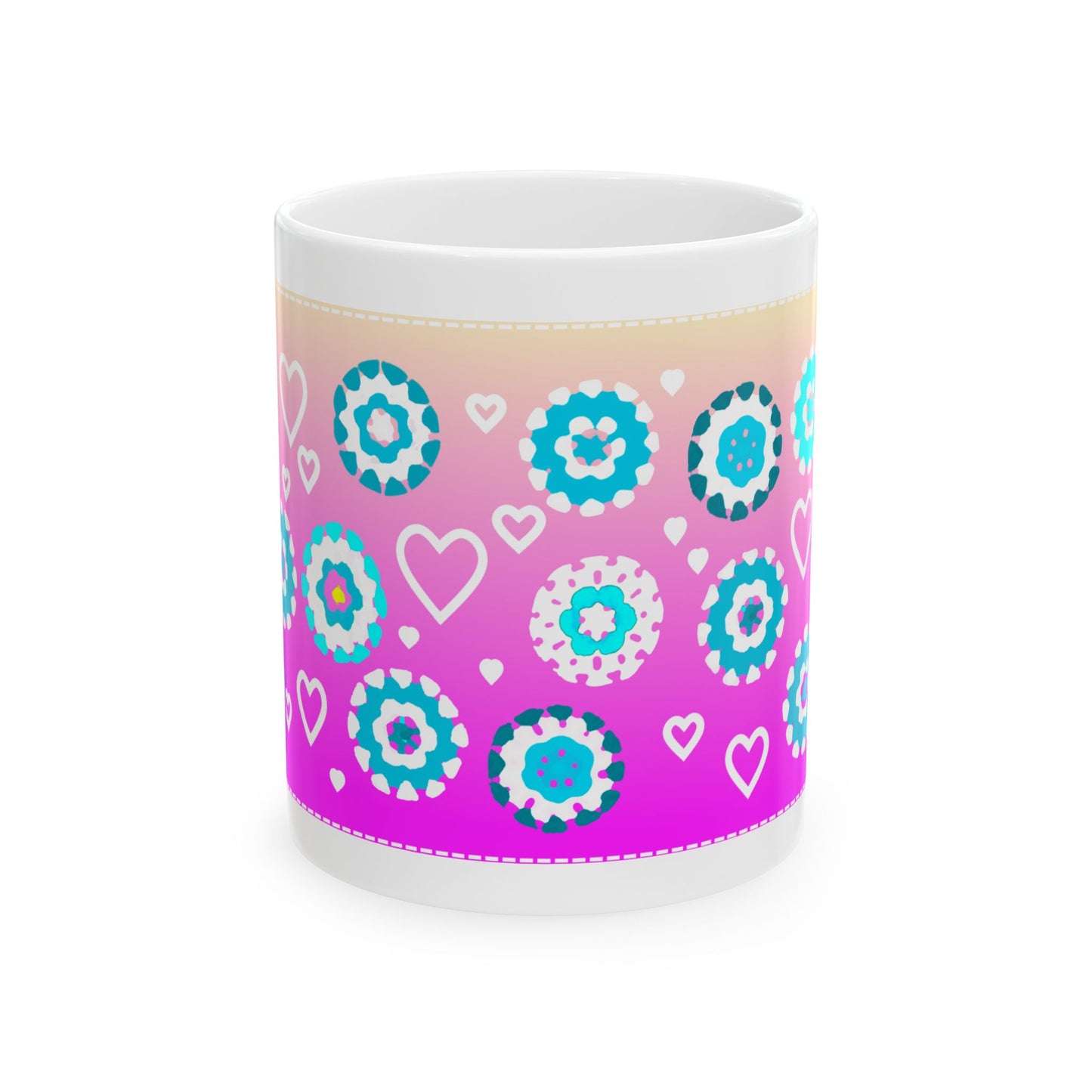 Coffee Mug Design Image - Aqua Blue Crochet Pattern On Pink