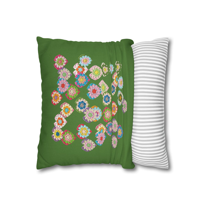 Crochet Love Heart Print Spun Polyester Square Cushion Cover Green