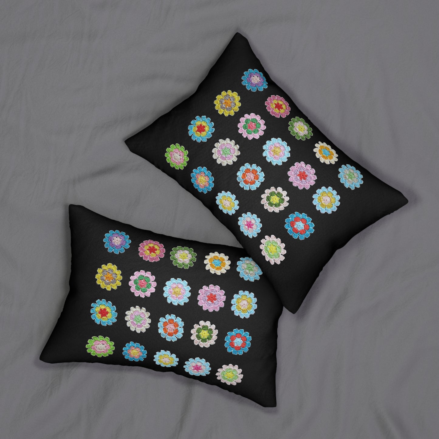 Crochet Pattern Print Spun Polyester Lumbar Pillow Black