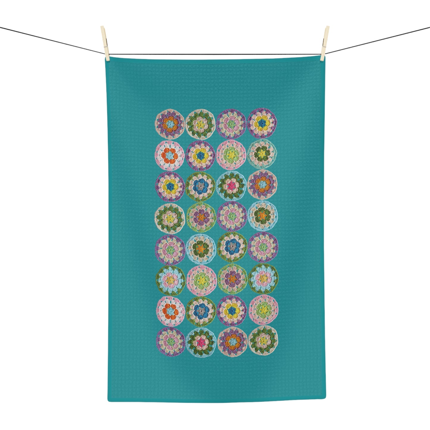 Retro Style Crochet Pattern Print Tea & Kitchen Towel Teal