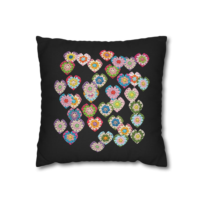 Crochet Love Heart Print Spun Polyester Square Cushion Cover Black