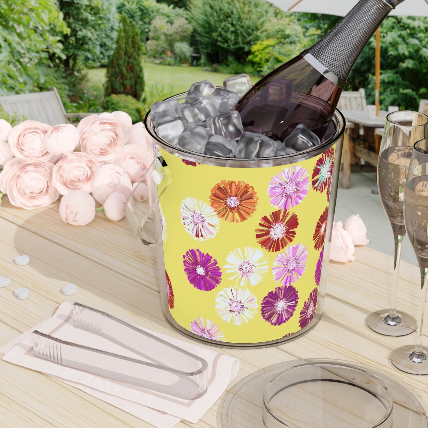 Daisy Flower Ice Bucket with Tongs – Bright Yellow