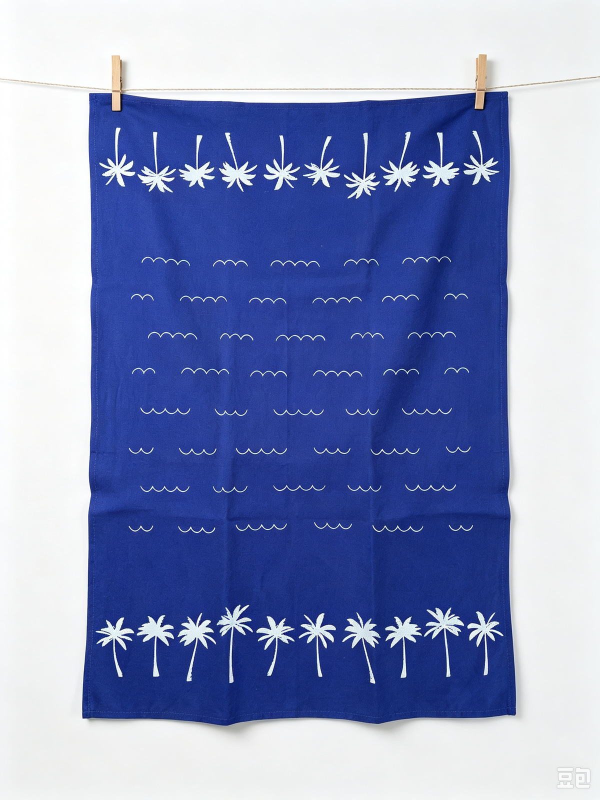 Palm Tree Pattern Linen Cotton Tea Towel — Navy Blue