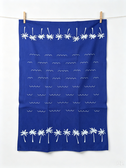 Palm Tree Pattern Linen Cotton Tea Towel — Navy Blue