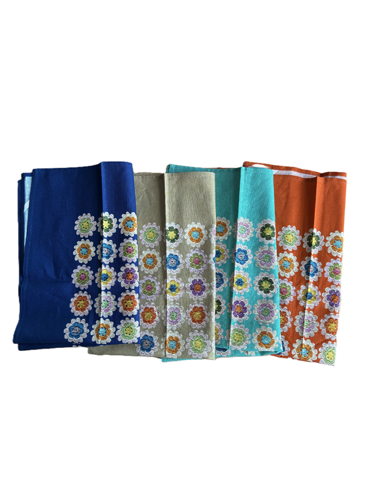 Retro Style Crochet Pattern Print Linen Cotton Tea Towel — 4 Colours