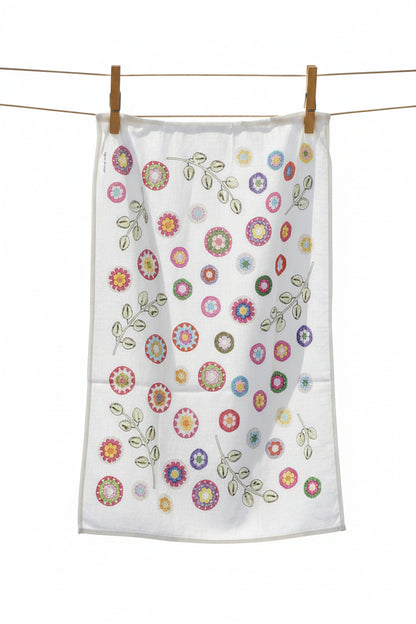 Crochet Pattern Print Linen Cotton Tea Towel — Natural White