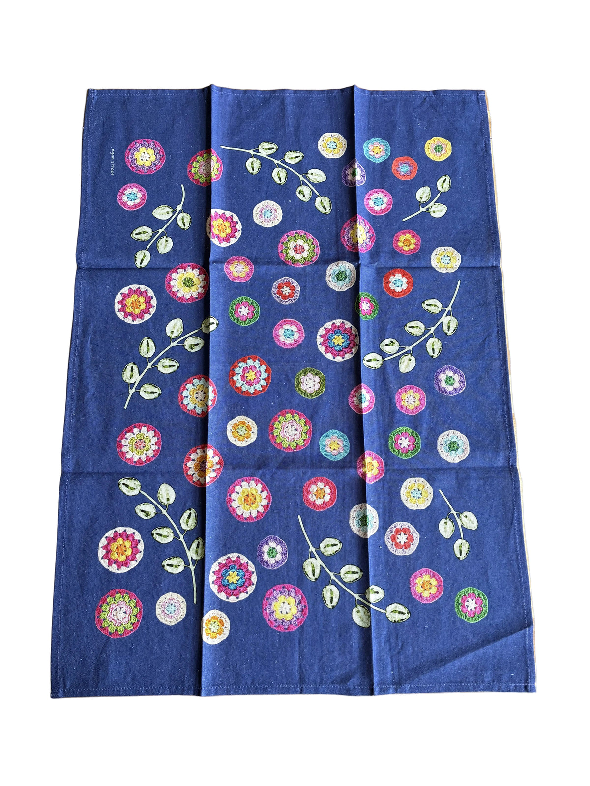 Crochet Pattern Print Linen Cotton Tea Towel — Denim Blue