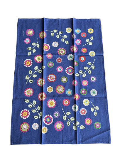 Crochet Pattern Print Linen Cotton Tea Towel — Denim Blue