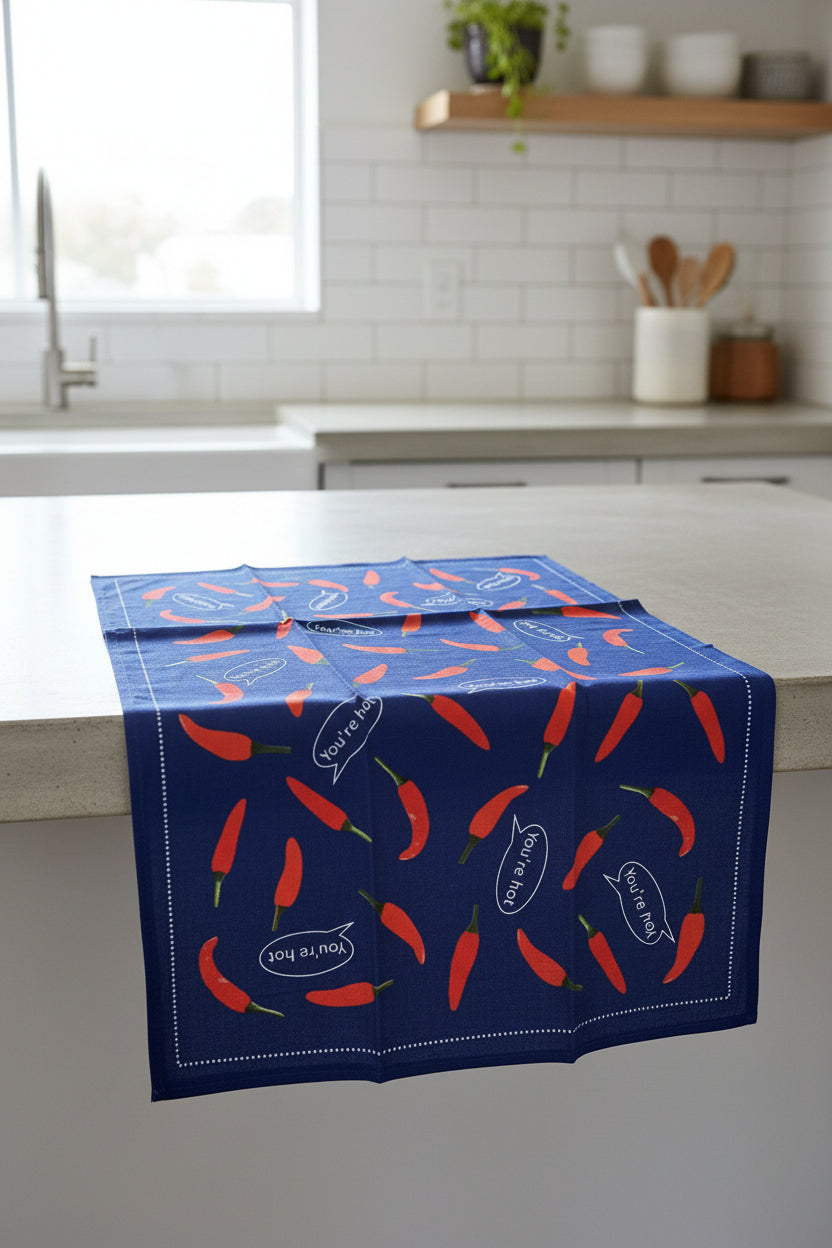 Red Chilli Pepper Pattern Linen Cotton Tea Towel — Navy Blue