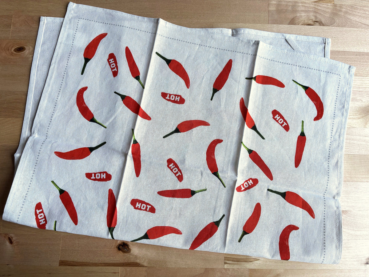 Red Chili Pepper Pattern Linen Cotton Tea Towel — Natural White