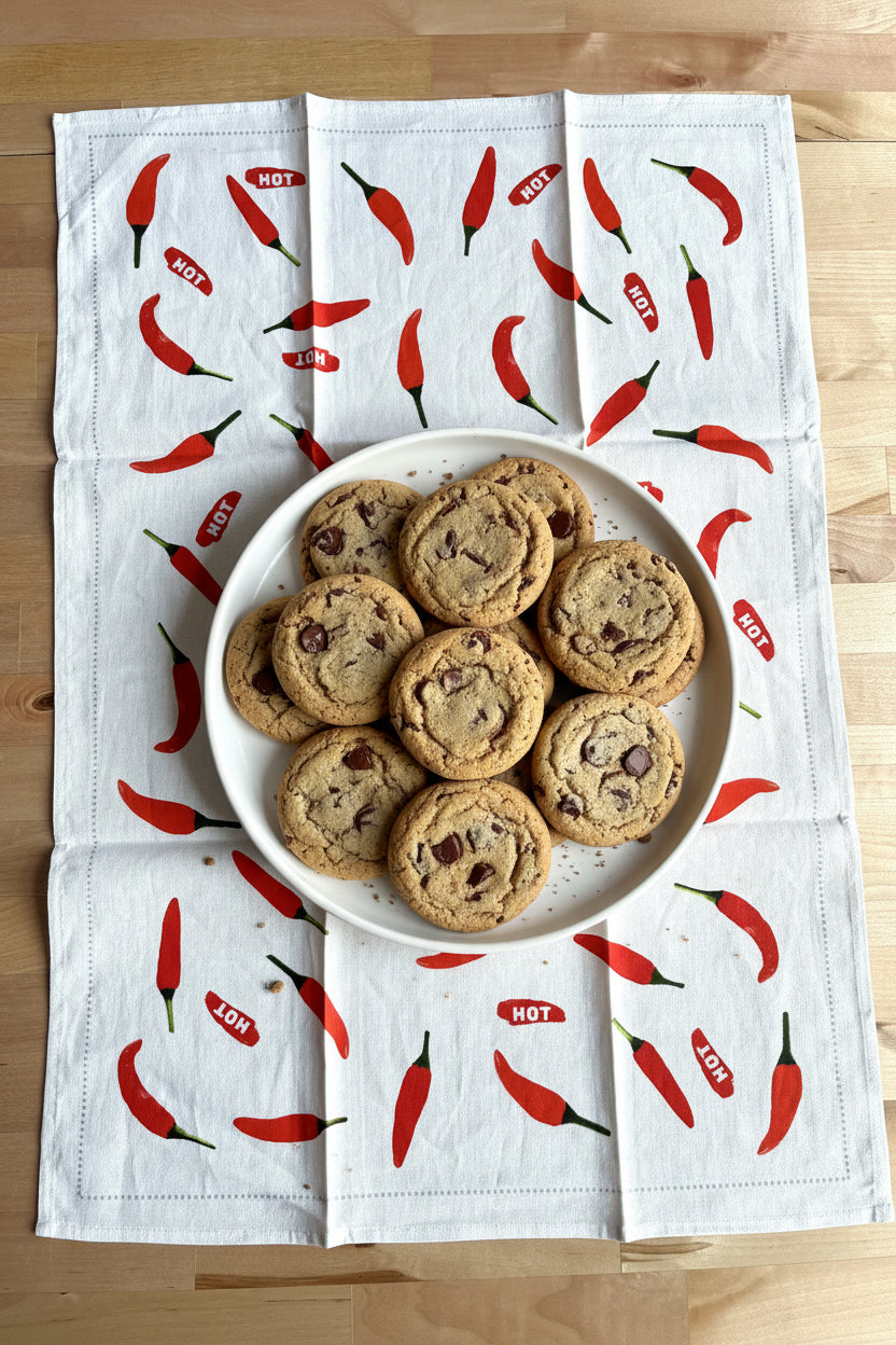 Red Chilli Pepper Pattern Linen Cotton Tea Towel — Natural White