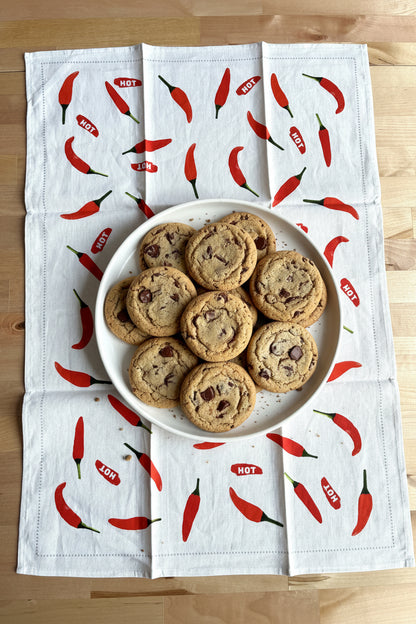 Red Chilli Pepper Pattern Linen Cotton Tea Towel — Natural White