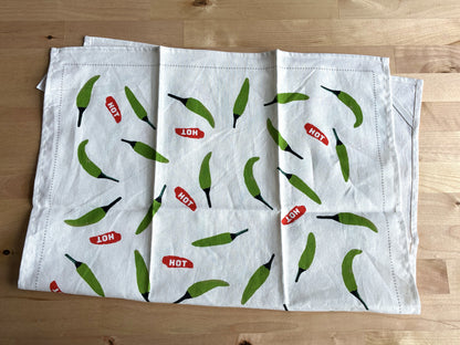 Green Chili Pepper Pattern Linen Cotton Tea Towel — White
