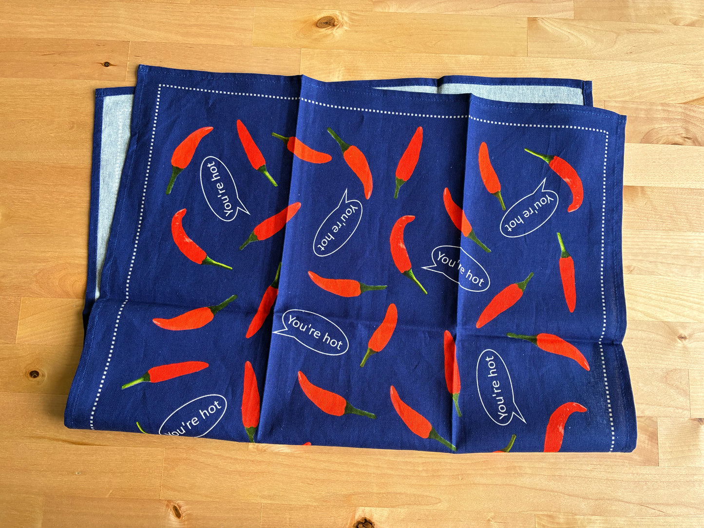 Red Chilli Pepper Pattern Linen Cotton Tea Towel — Navy Blue