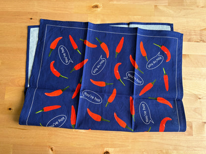 Red Chilli Pepper Pattern Linen Cotton Tea Towel — Navy Blue