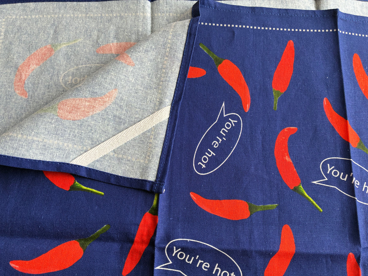 Red Chilli Pepper Pattern Linen Cotton Tea Towel — Navy Blue