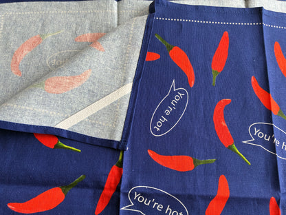 Red Chilli Pepper Pattern Linen Cotton Tea Towel — Navy Blue