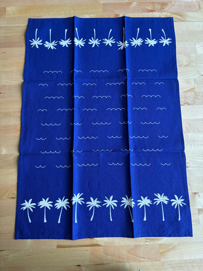 Palm Tree Pattern Linen Cotton Tea Towel — Navy Blue