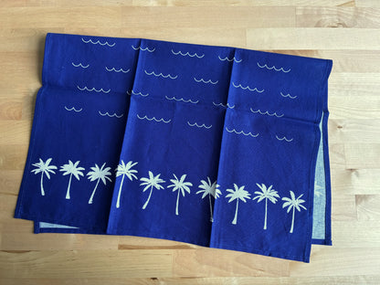 Palm Tree Pattern Linen Cotton Tea Towel — Navy Blue