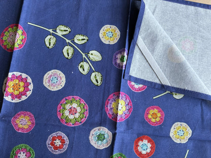 Crochet Pattern Print Linen Cotton Tea Towel — Denim Blue