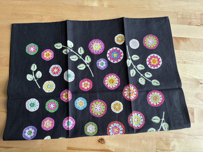 Crochet Pattern Print Linen Cotton Tea Towel — Black