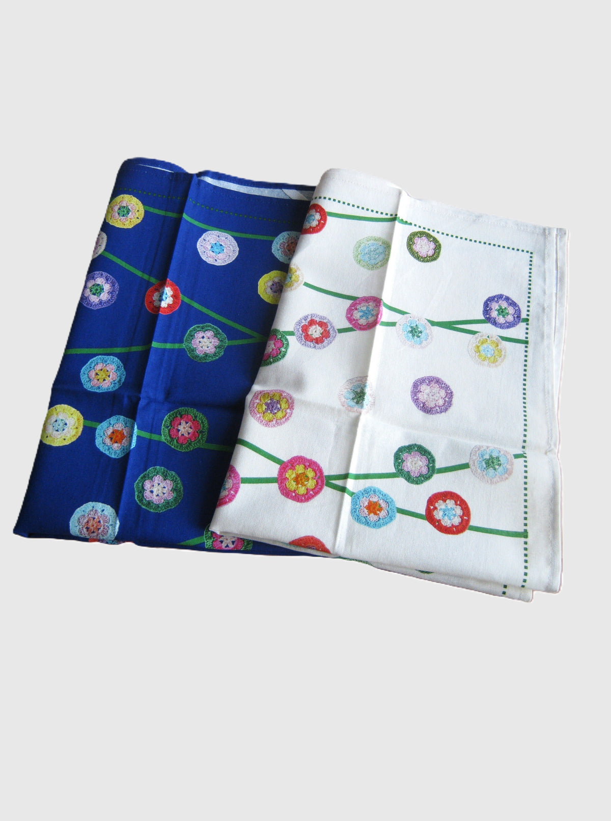 Crochet Pattern Print Linen Cotton Tea Towel Christmas Theme—  Natural White / Electric Blue