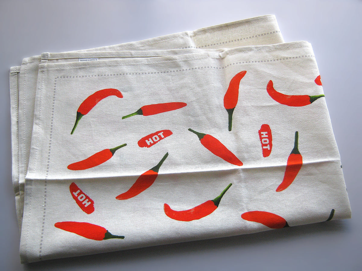 Red Chilli Pepper Pattern Linen Cotton Tea Towel — Natural White