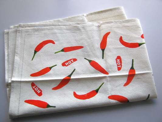 Red Chilli Pepper Pattern Linen Cotton Tea Towel — Natural White