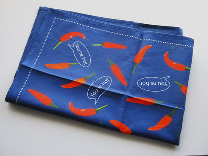Red Chilli Pepper Pattern Linen Cotton Tea Towel — Navy Blue