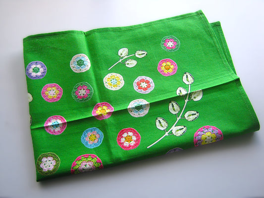 Crochet Pattern Print Linen Cotton Tea Towel — Green