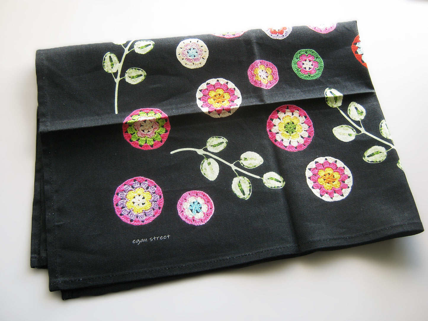 Crochet Pattern Print Linen Cotton Tea Towel — Black