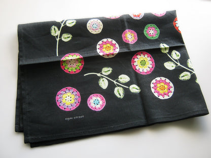 Crochet Pattern Print Linen Cotton Tea Towel — Black