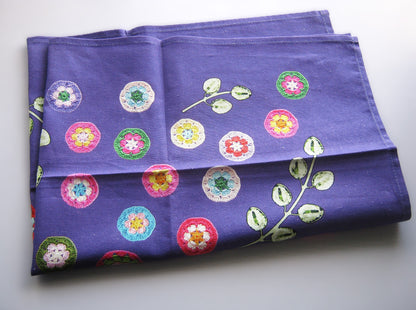 Crochet Pattern Print Linen Cotton Tea Towel — Purple