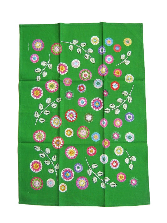 Crochet Pattern Print Linen Cotton Tea Towel — Green