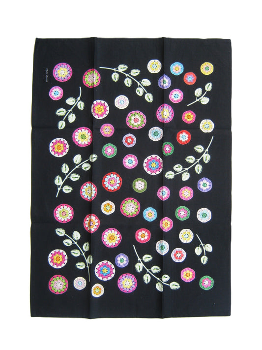 Crochet Pattern Print Linen Cotton Tea Towel — Black
