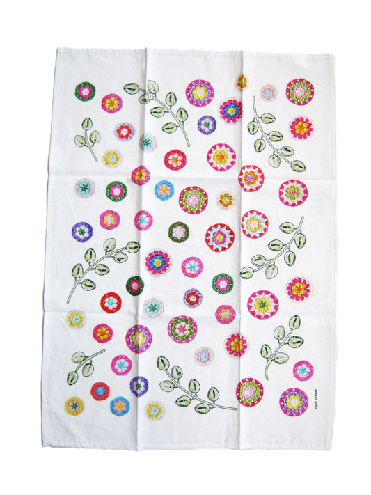 Crochet Pattern Print Linen Cotton Tea Towel — Natural White