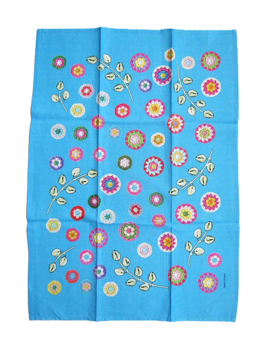 Crochet Pattern Print Linen Cotton Tea Towel — Turquoise