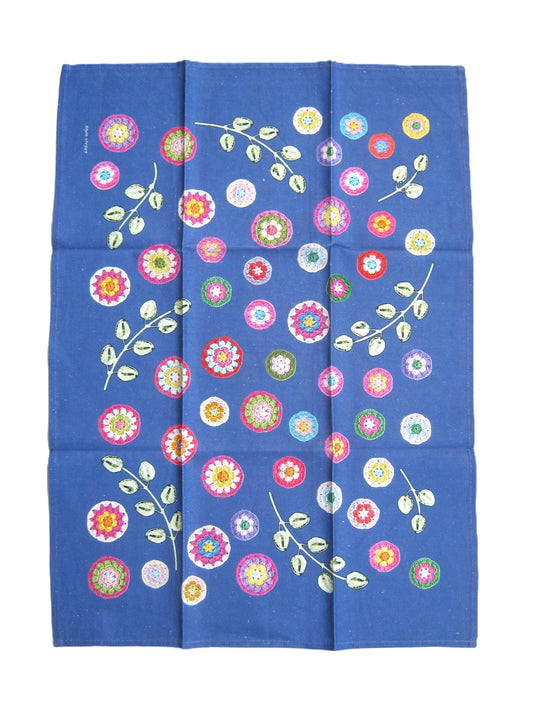 Crochet Pattern Print Linen Cotton Tea Towel — Denim Blue