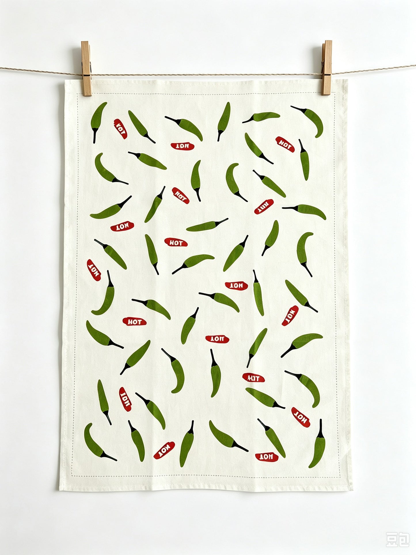 Green Chili Pepper Pattern Linen Cotton Tea Towel — White