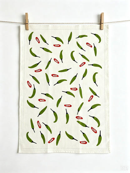 Green Chili Pepper Pattern Linen Cotton Tea Towel — White