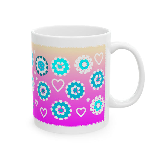 Coffee Mug Design Image - Aqua Blue Crochet Pattern On Pink