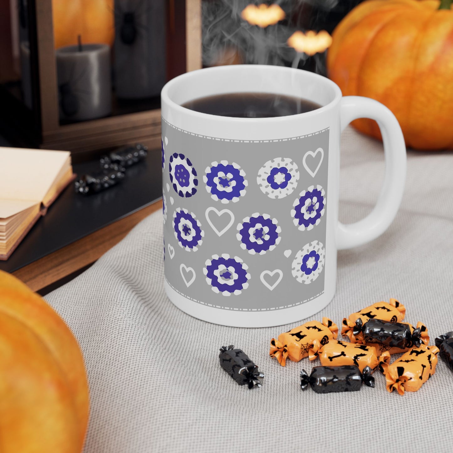 Coffee Mug Design Image - White Crochet Pattern On Grey
